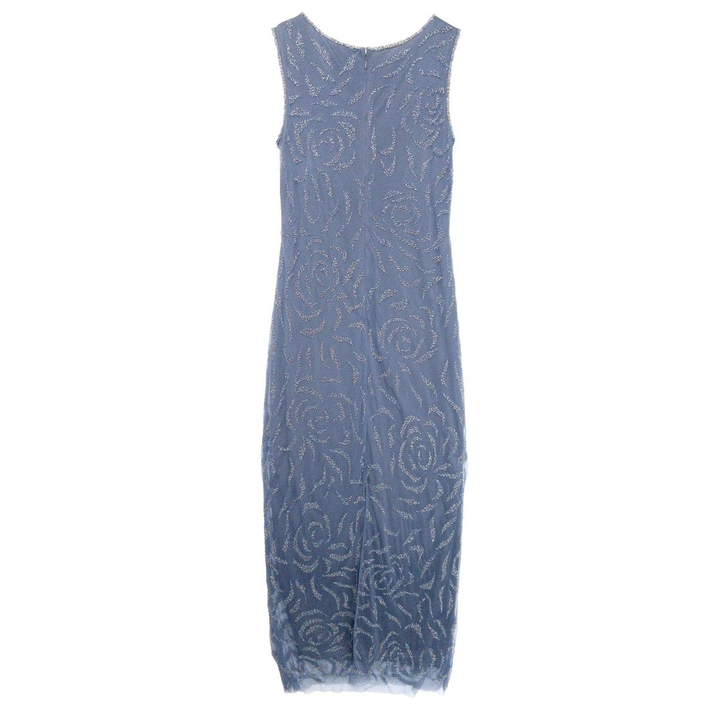 New Pisarro Nights Beaded Rose Motif Column Slate Periwinkle Gown Womens 4 $289